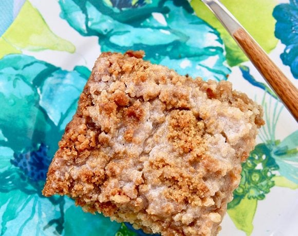 flatlay single slice of Banana Crumb Coffee Cake