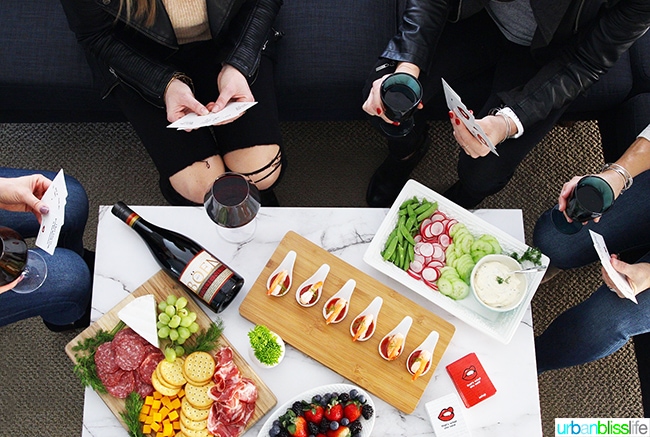 game night girls' night in with red wine and appetizers