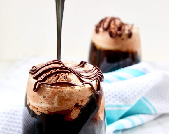 two Boozy Chocolate Peanut Butter Floats