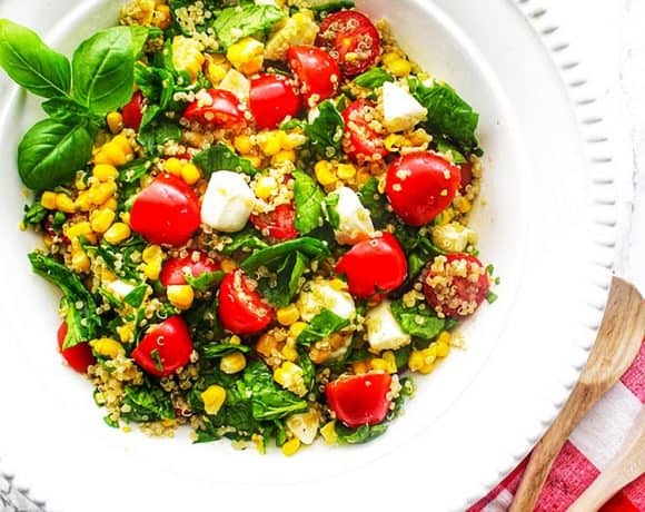 Summer Corn & Quinoa Caprese Salad with tomatoes