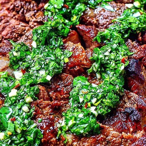 Cast iron rib eye steak with chimichurri sauce