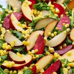 peaches, plums, corn, arugula salad