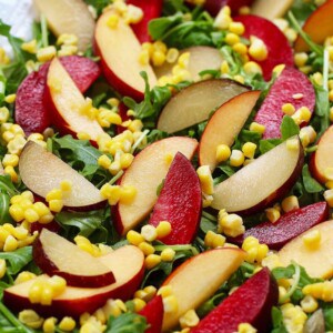 peaches, plums, corn, arugula salad