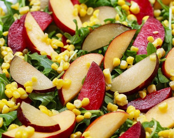 peaches, plums, corn, arugula salad