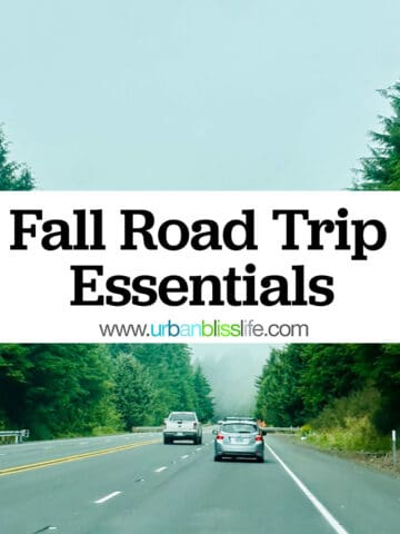 Oregon highway with title text that reads "Fall Road Trip Essentials."