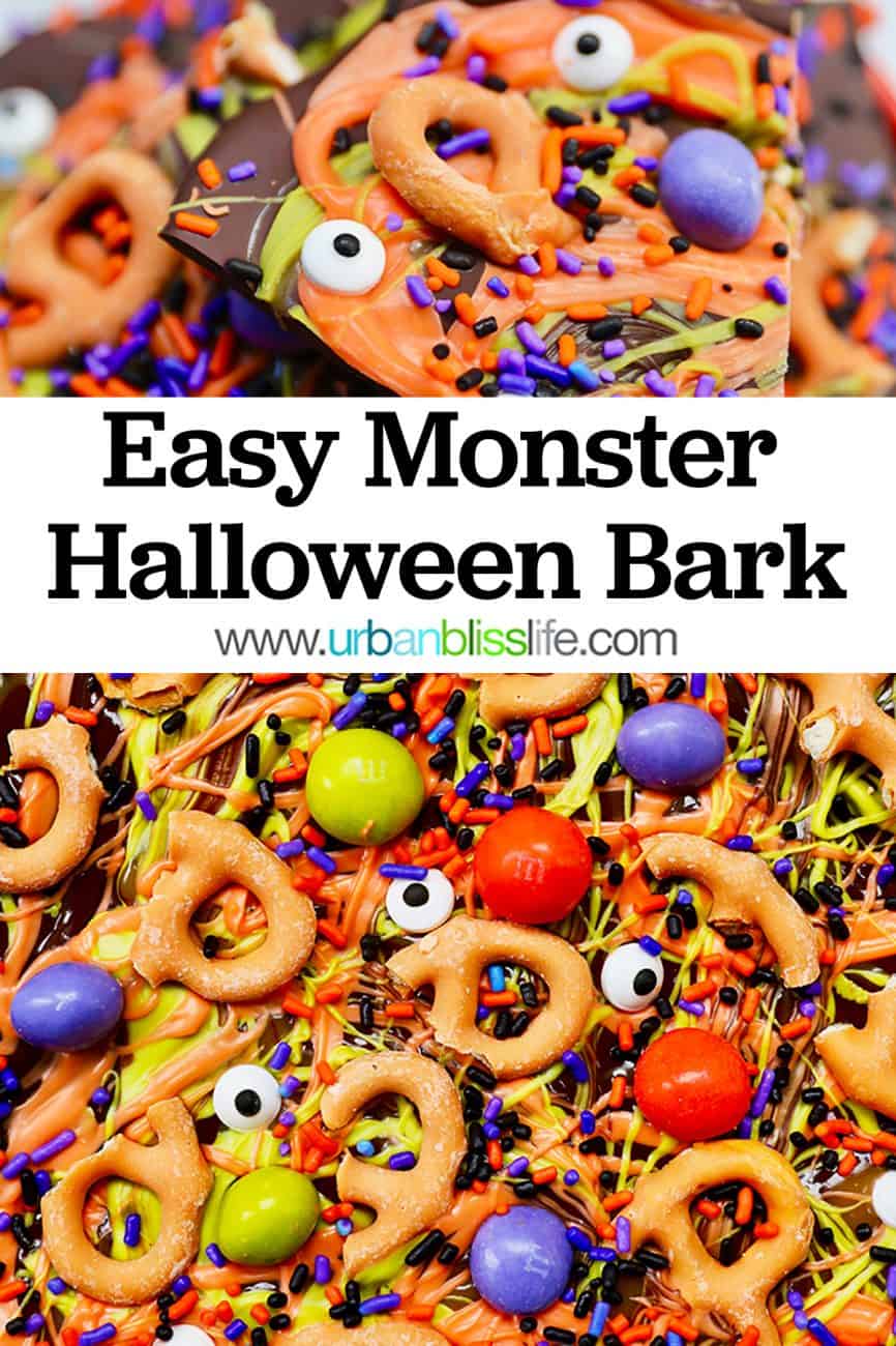 closeup of monster halloween bark candy with text overlay