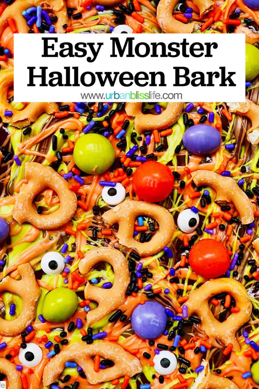 closeup of monster halloween bark candy with text overlay