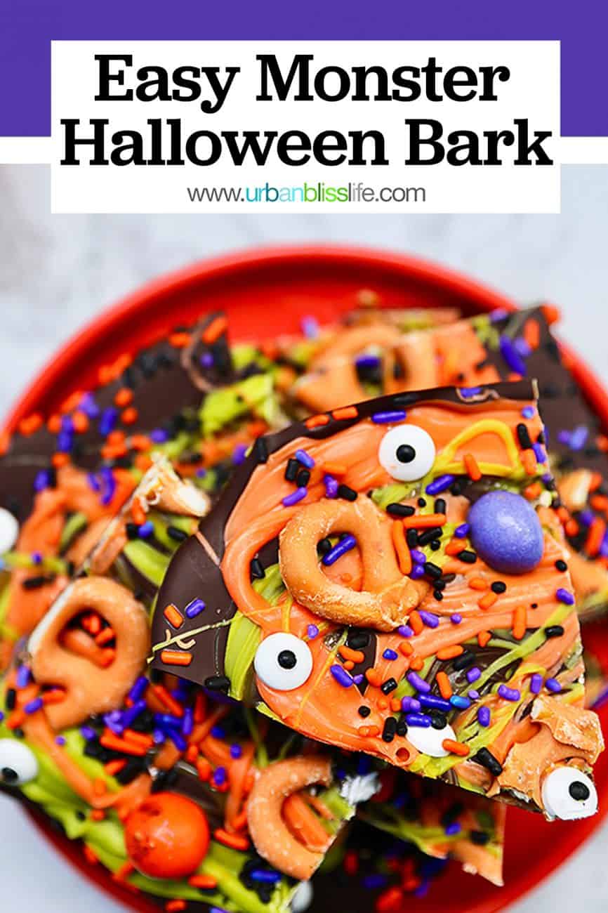 cut pieces of monster halloween bark candy with text overlay