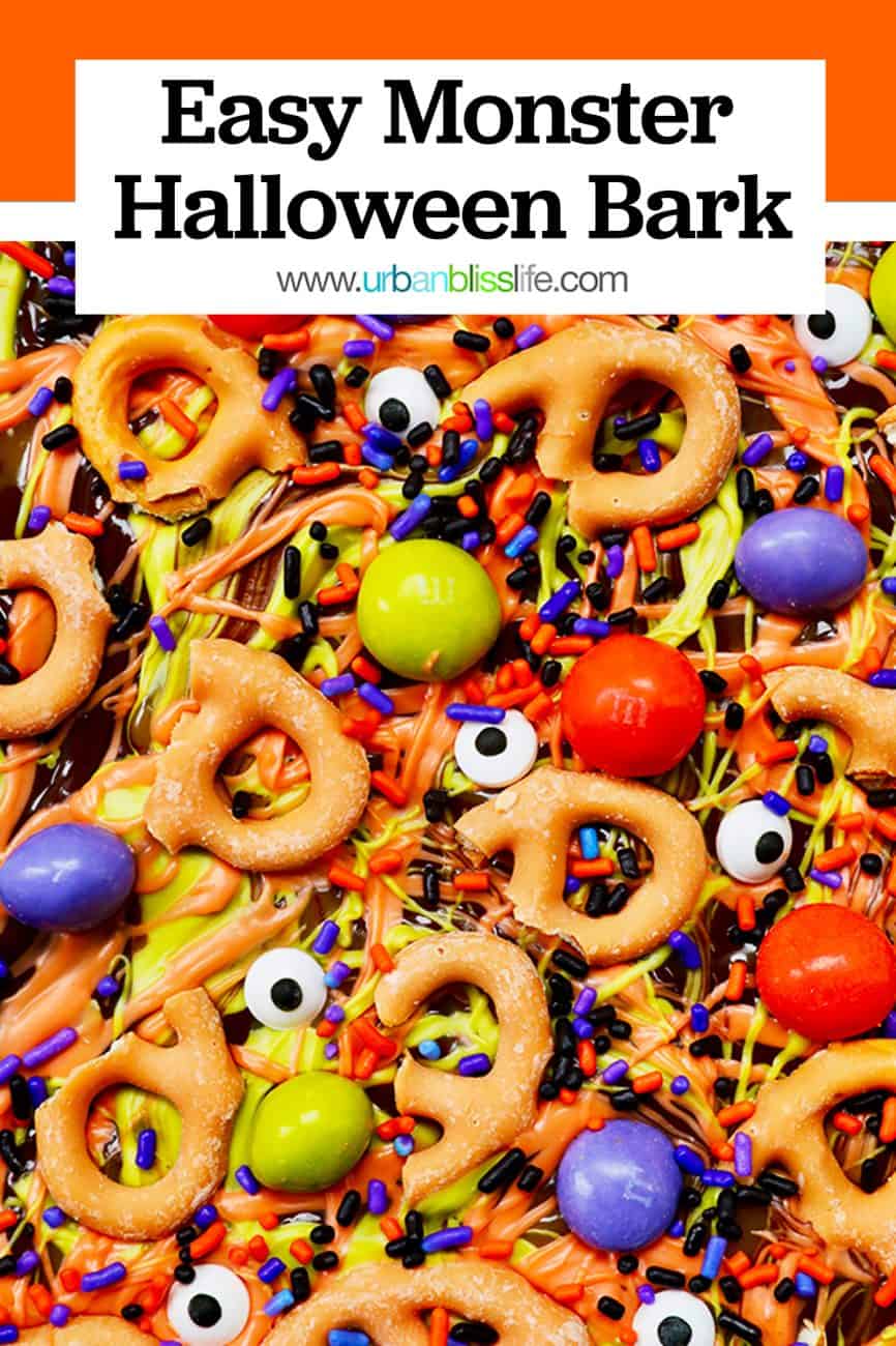 closeup of monster halloween bark candy with text overlay