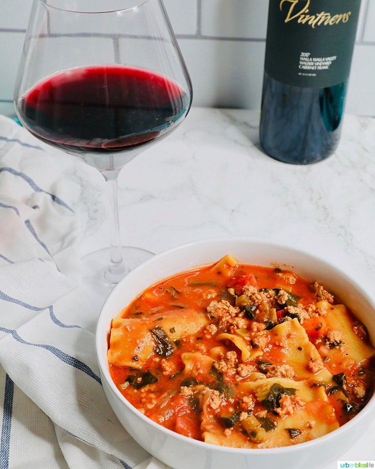 Easy One Pot Lasagna Soup with wine
