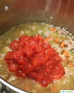 adding tomatoes to broth and meat
