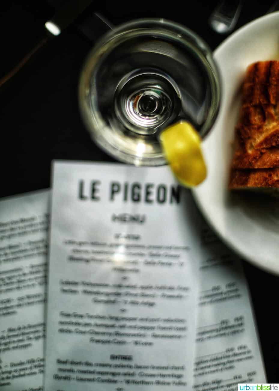 cocktail and menu at Le Pigeon restaurant in Portland, Oregon.