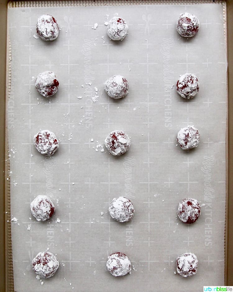 red velvet crinkle cookies read to be baked