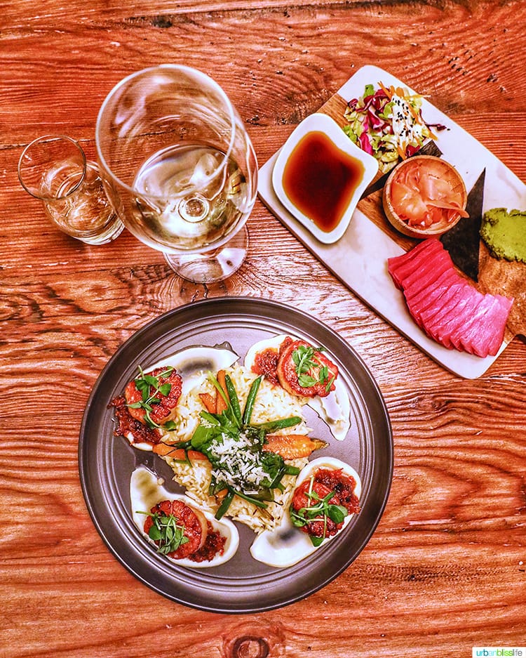 plates of seafood and white wine 