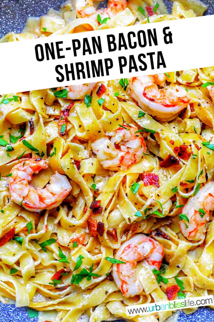 bacon shrimp pasta with text overlay