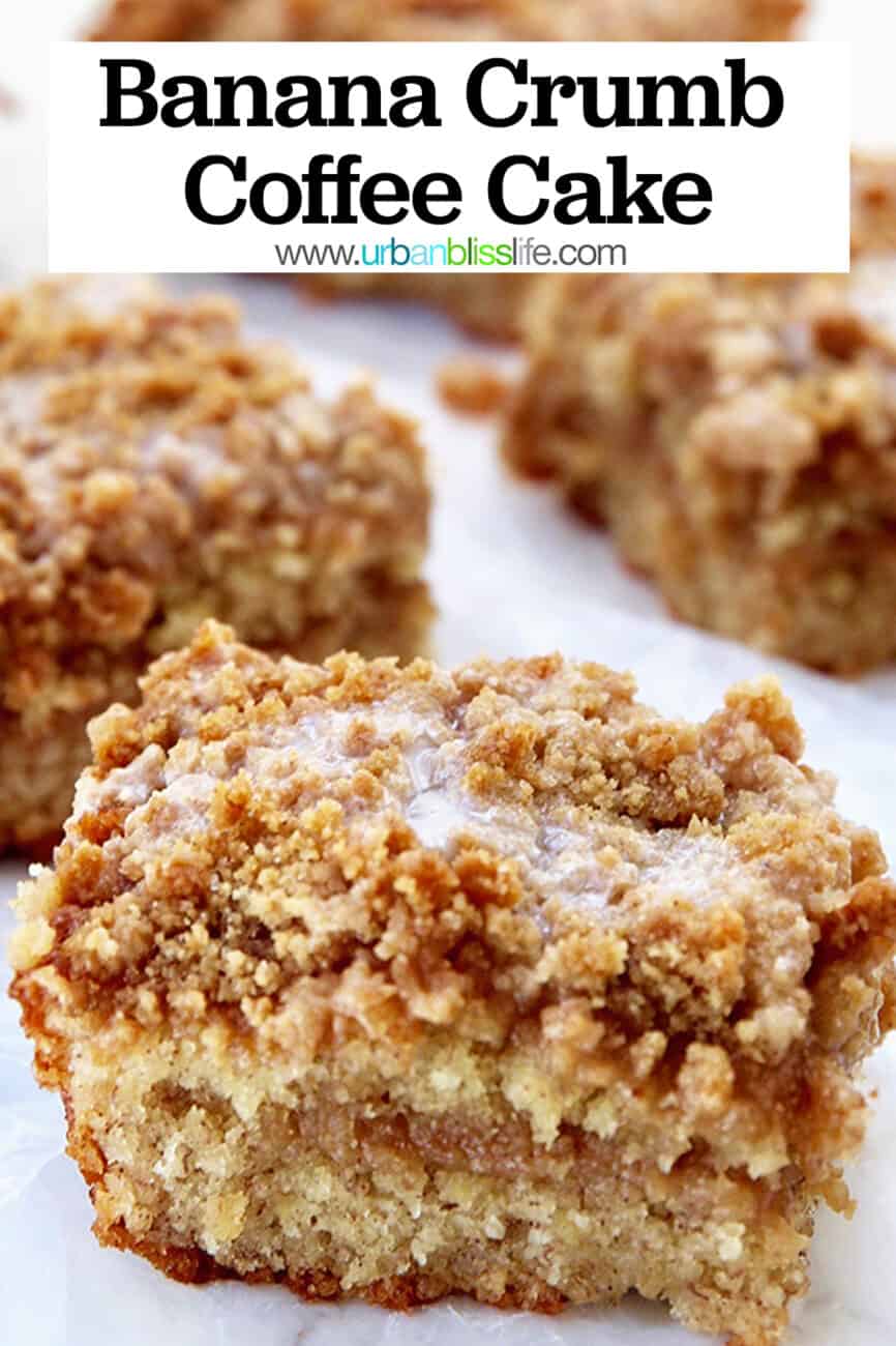 banana crumb coffee cake slices with text overlay