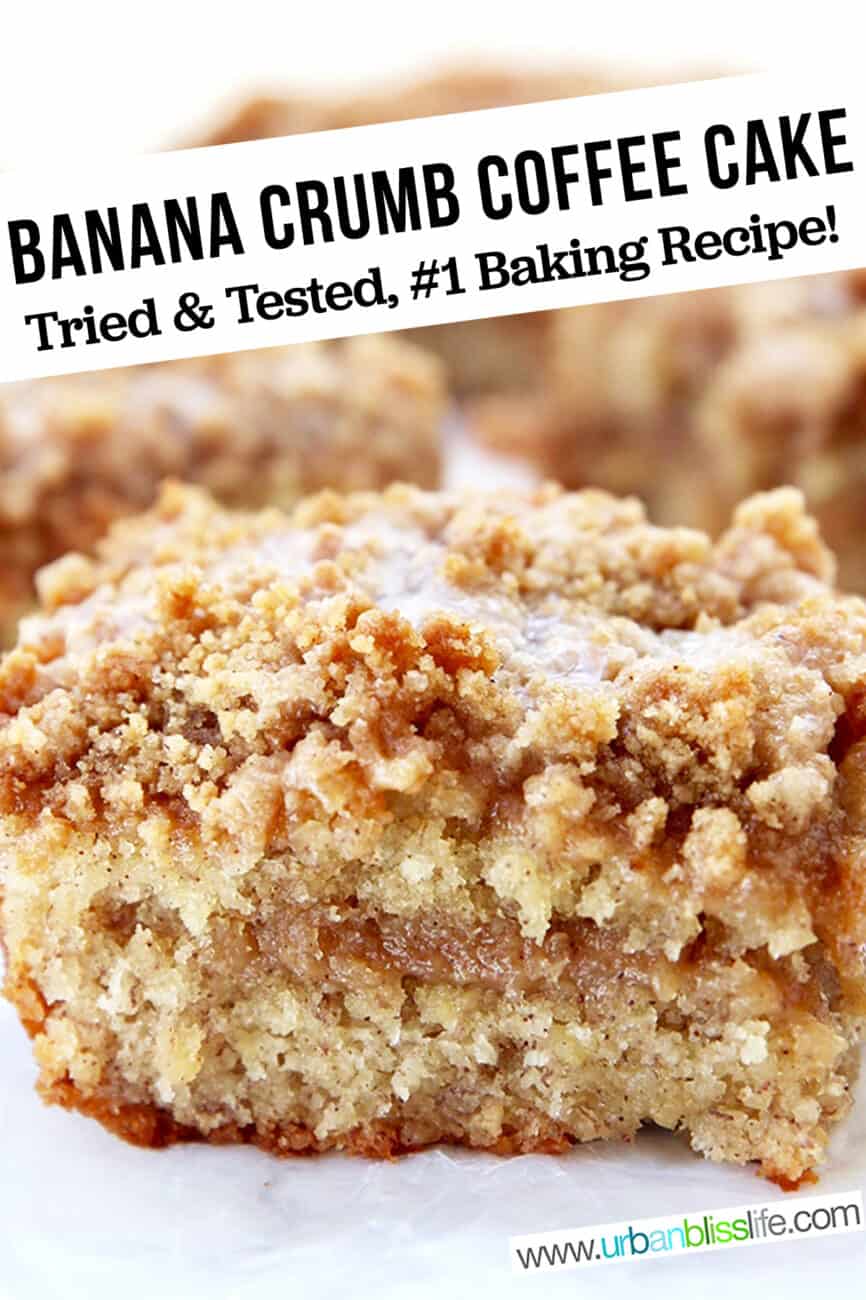 banana crumb coffee cake slices with text overlay
