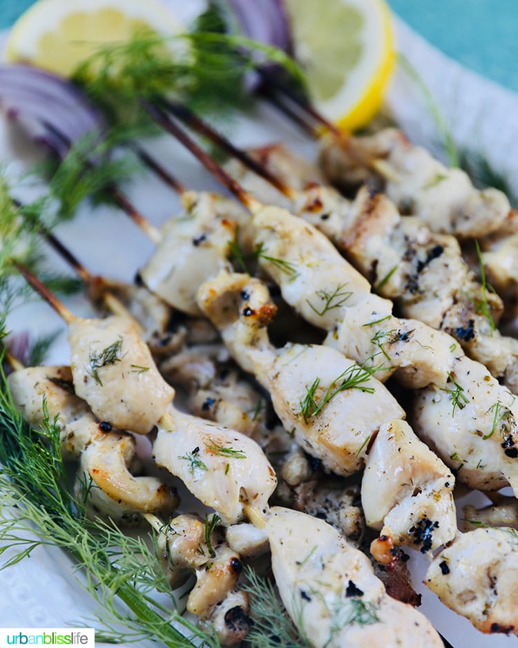 angle of greek souvlaki chicken skewers
