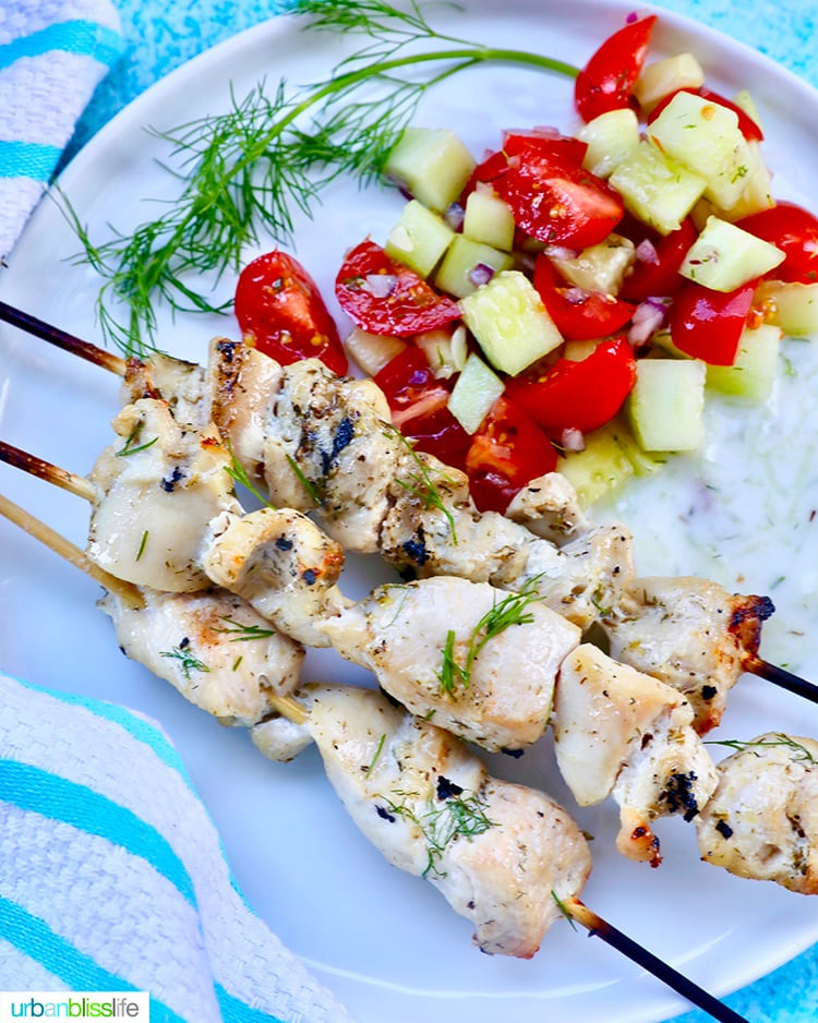 chicken souvlaki skewers with greek salad