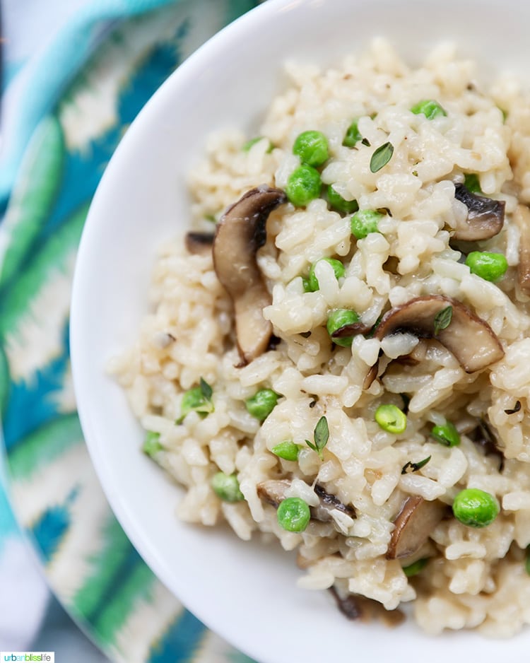 close up half bowl of Instant Pot Mushroom Risotto