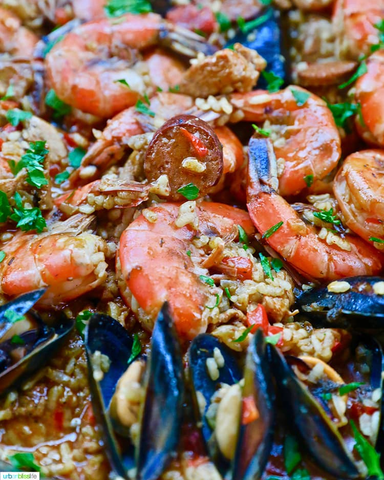 closeup of shrimp paella with mussels