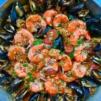 closeup of full pan of seafood paella
