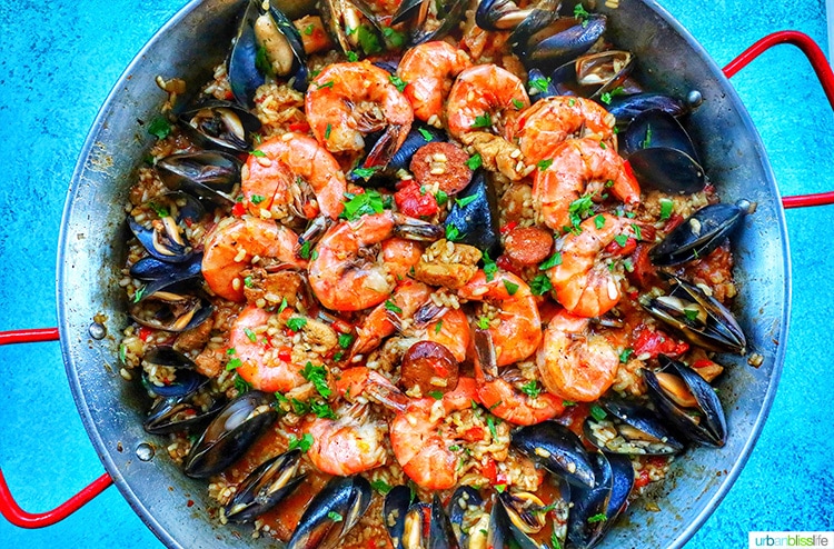 landscape photo of classic seafood paella