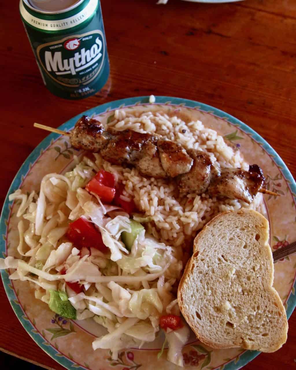 greek chicken souvlaki with greek beer
