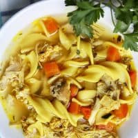 closeup bowl of Instant Pot Chicken Noodle Soup