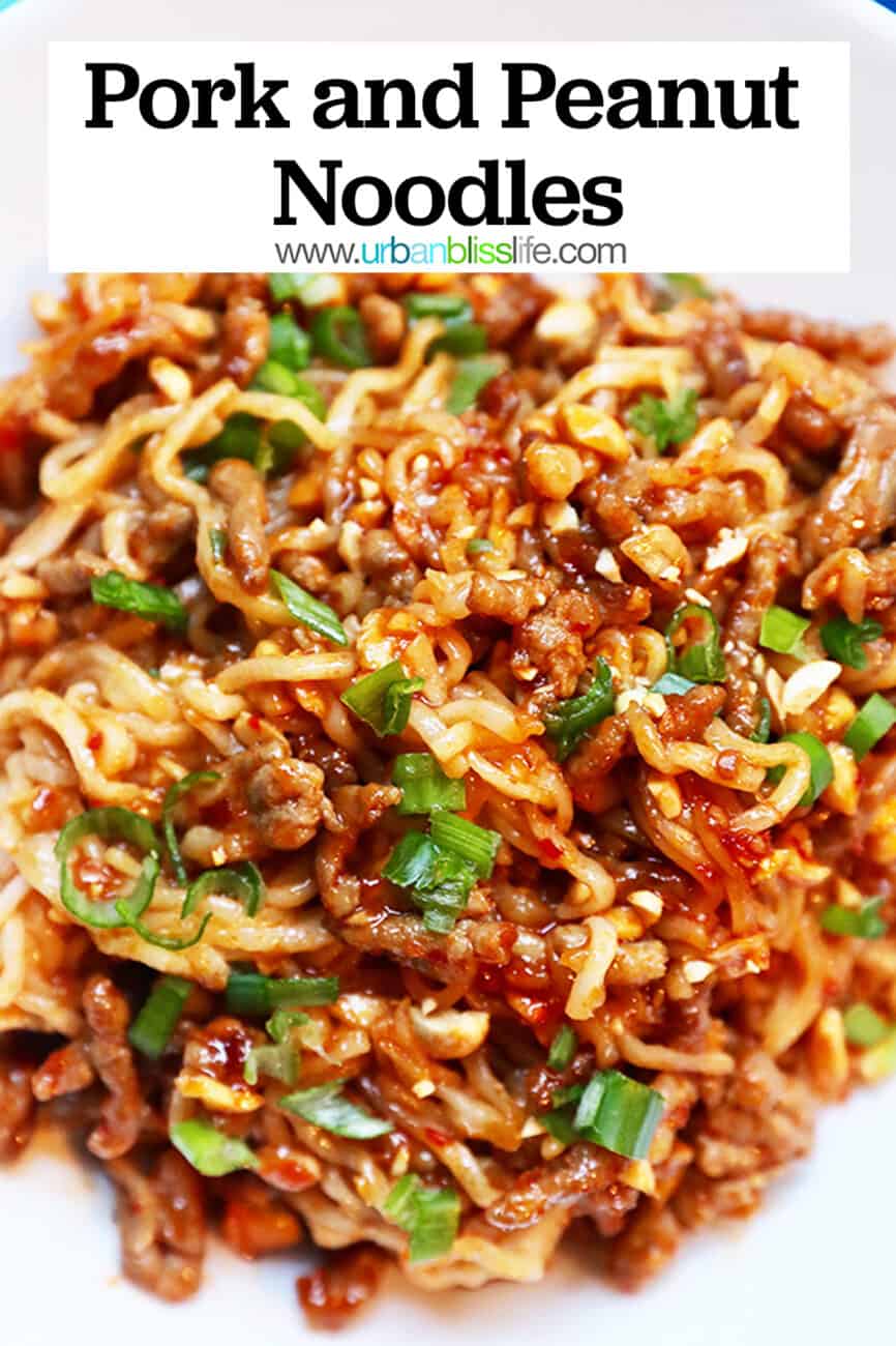 pork and peanut dragon noodles with text overlay