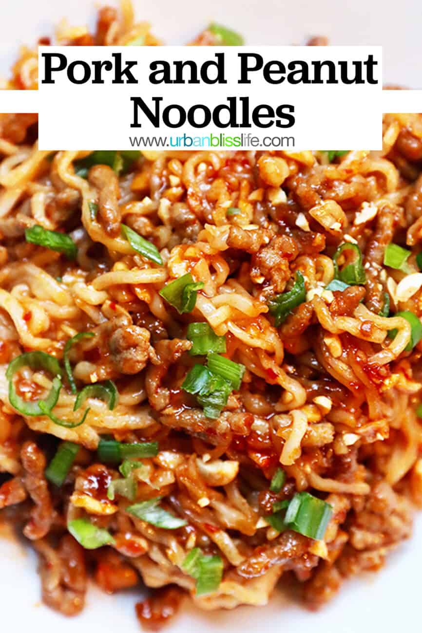 pork and peanut dragon noodles with text overlay