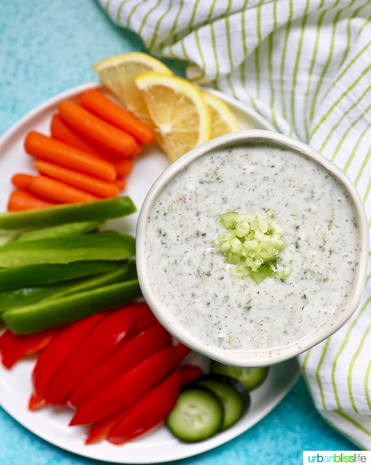 wide shot of vegan tzatziki with vegetables