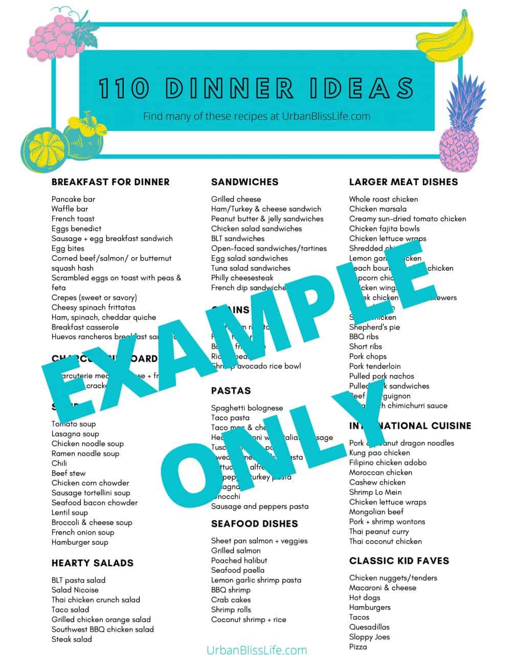 110 Family Friendly Dinner Ideas printable PDF