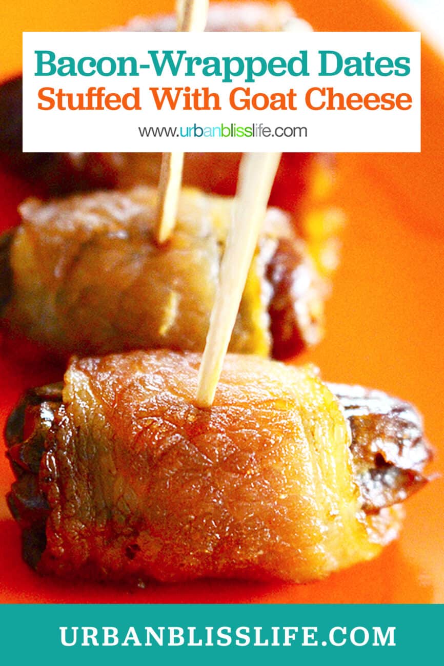 bacon-wrapped dates on toothpicks on an orange plate with title text.