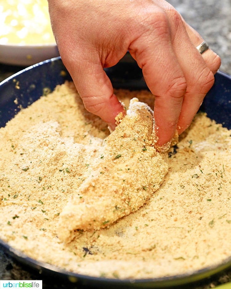 coating chicken tenders in breadcrumbs