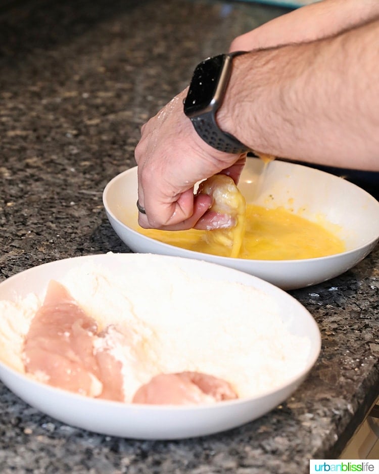 dipping chicken tenders in egg wash