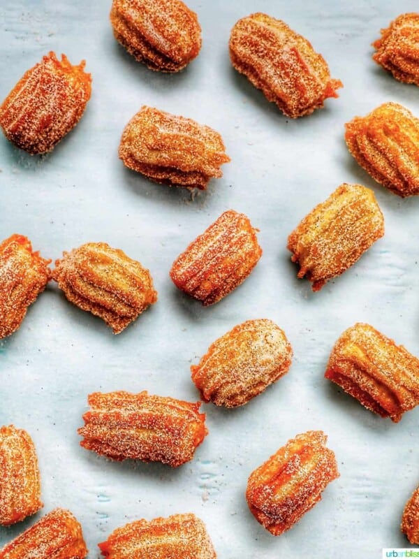 flatlay of churro bites sprinkled on a sheet