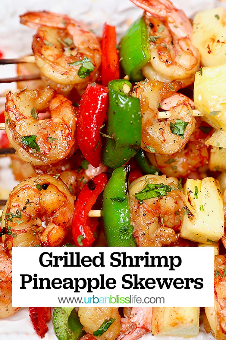 skewers of shrimp, pineapples, peppers, with text overlay