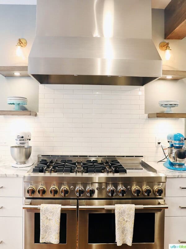 jennair range and custom hood floating shelves
