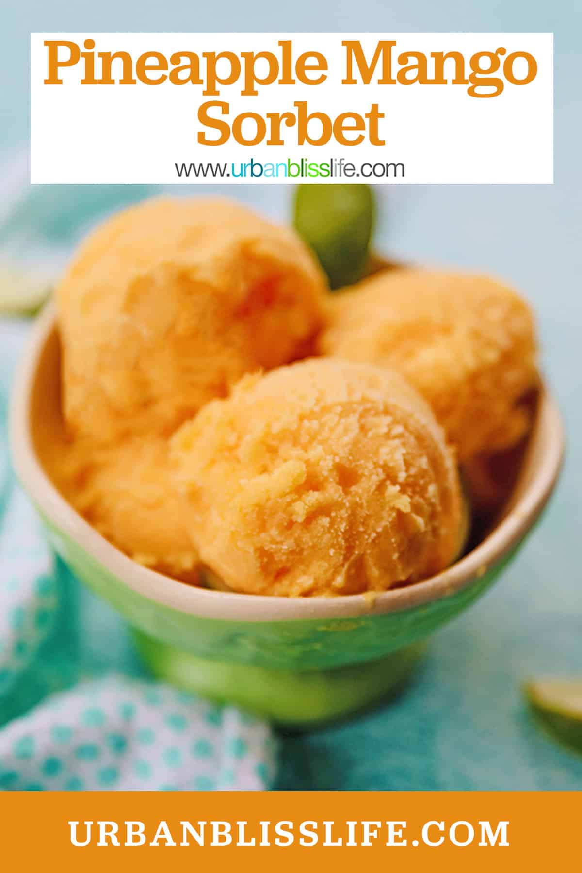 green bowl with three scoops of pineapple mango sorbet.