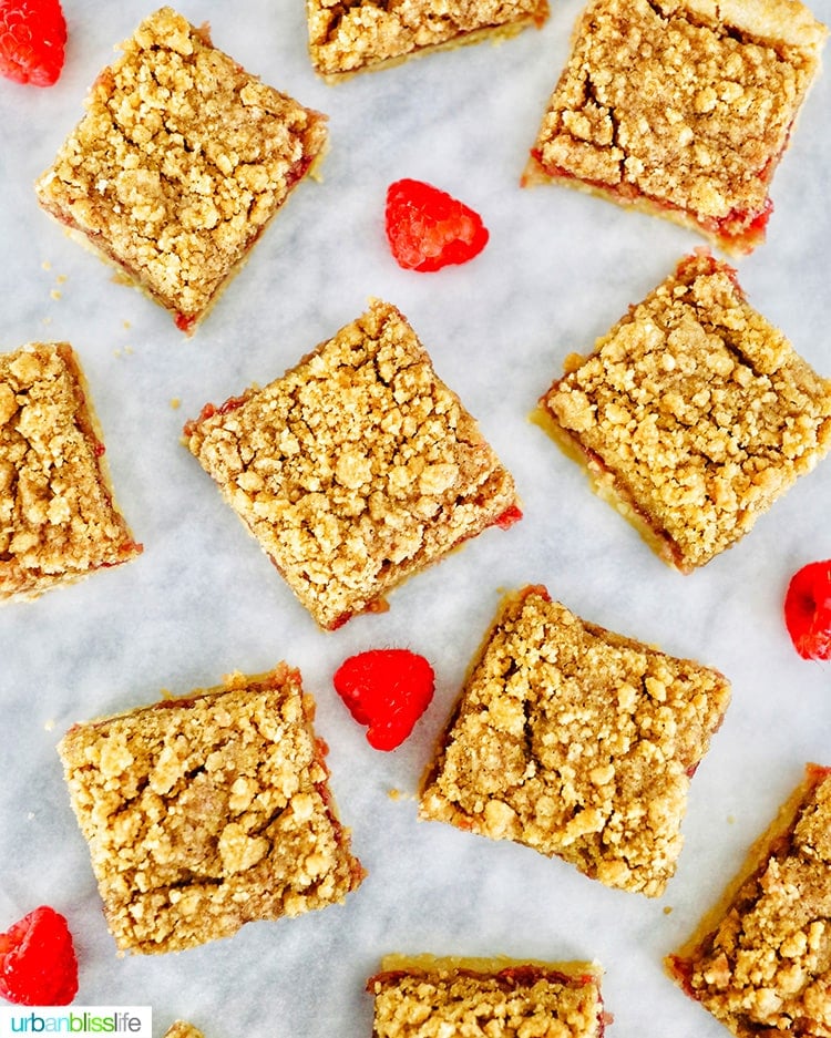 flatlay photo of several Raspberry Crumble Bars