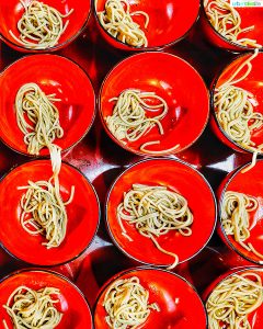 tray of bowls for wanko soba challenge