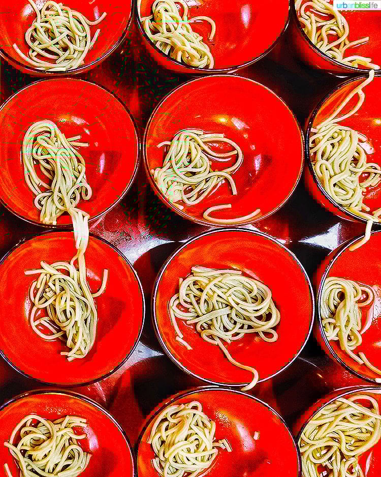 tray of bowls for wanko soba challenge 