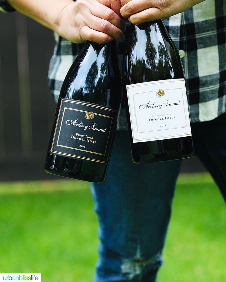 bottles of Archery Summit winery Chardonnay and Pinot Noir