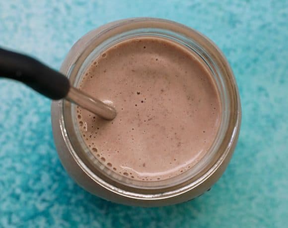 overhead photo of chocolate Post Workout Protein Shake