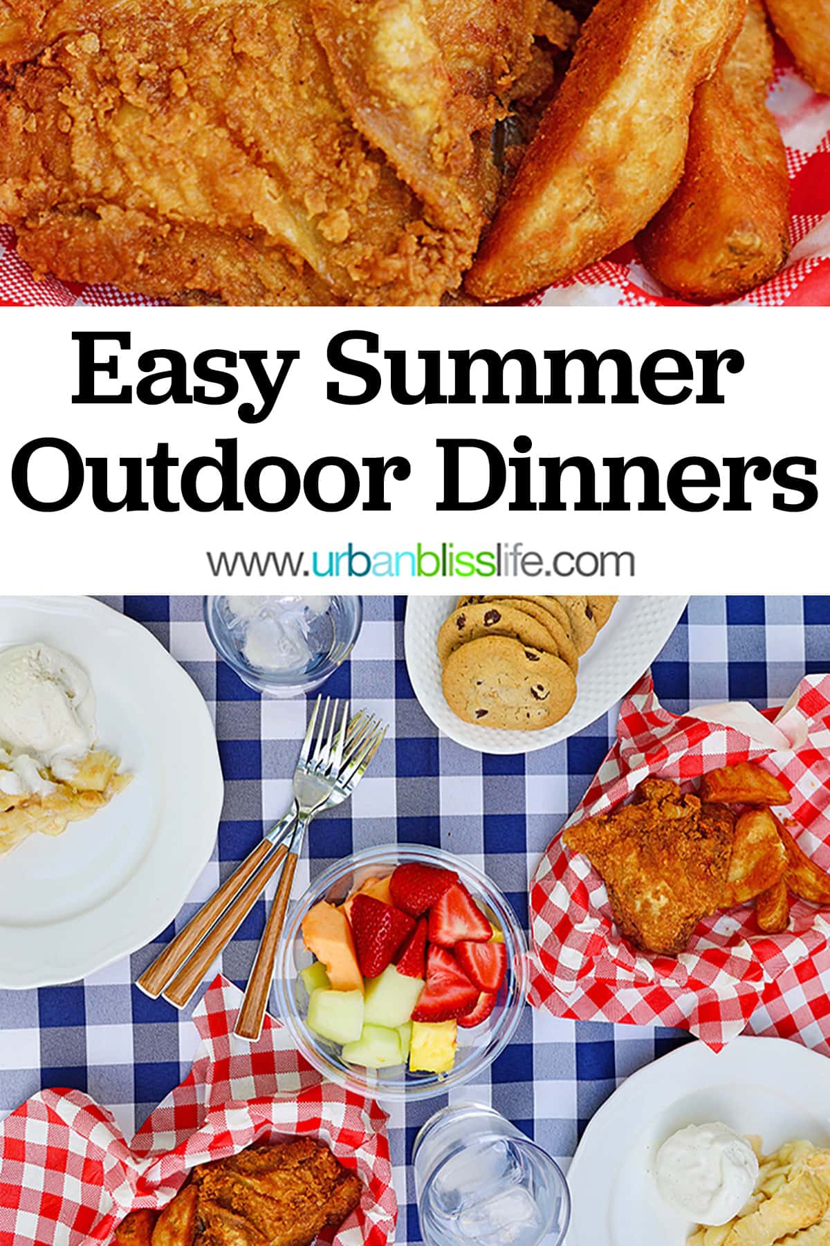 summer outdoor picnic with fried chicken, jo jos, cookies, fruit, on a blue and white checkered tablecloth