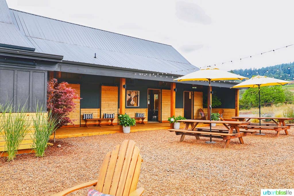 Hazelfern Cellars back patio seating area