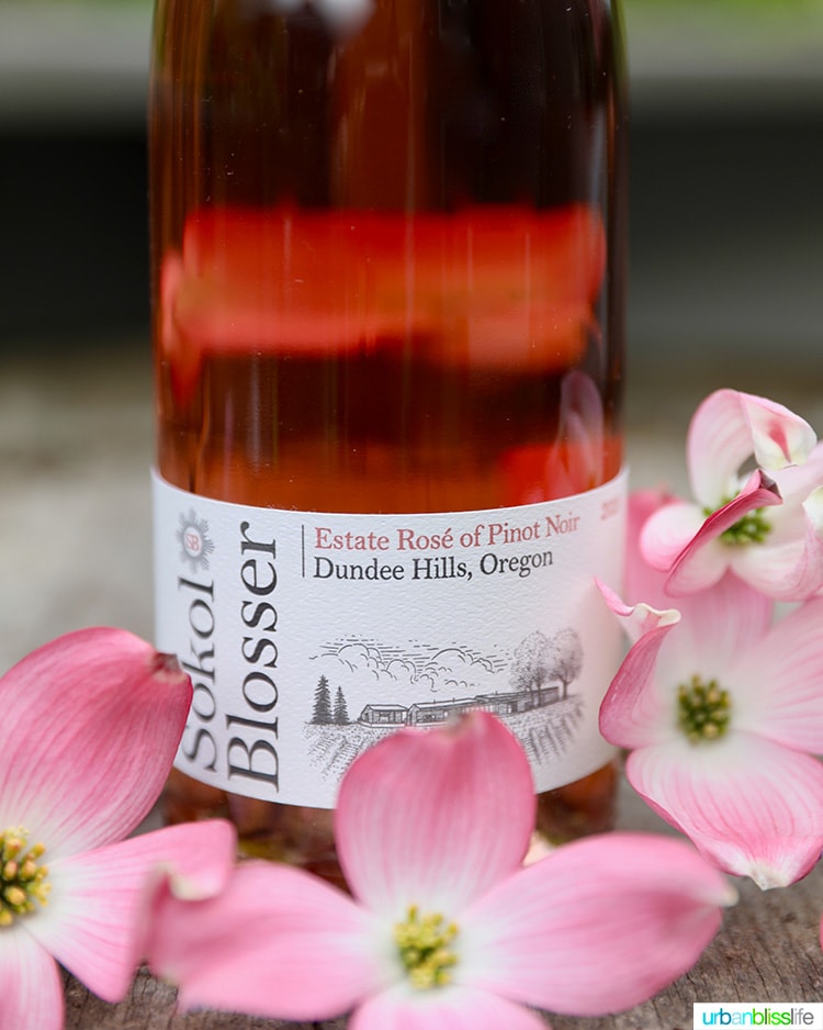 2019 Sokol Blosser Rosรฉ with bottle with pink flowers