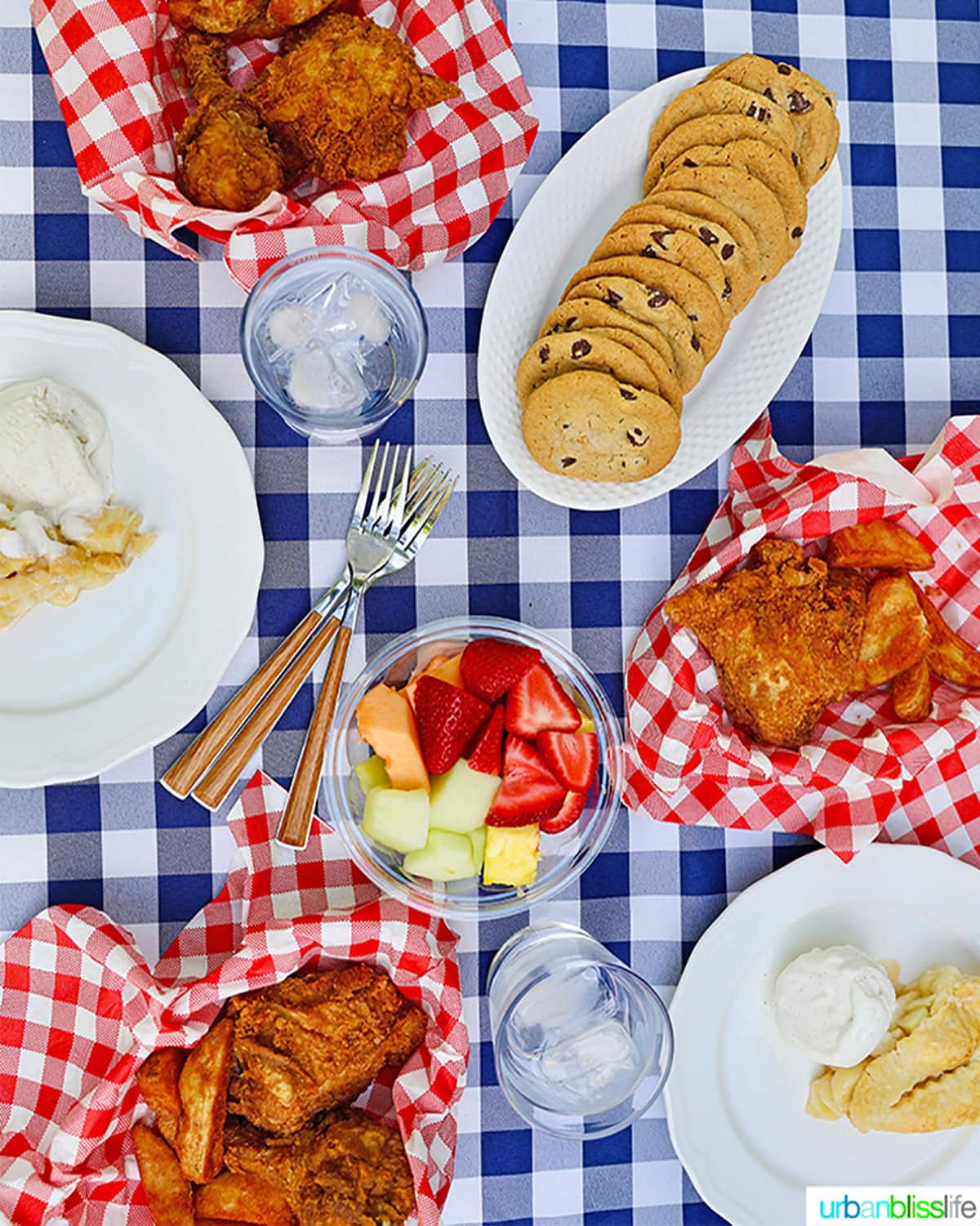summer outdoor picnic with fried chicken, jo jos, cookies, fruit, on a blue and white checkered tablecloth