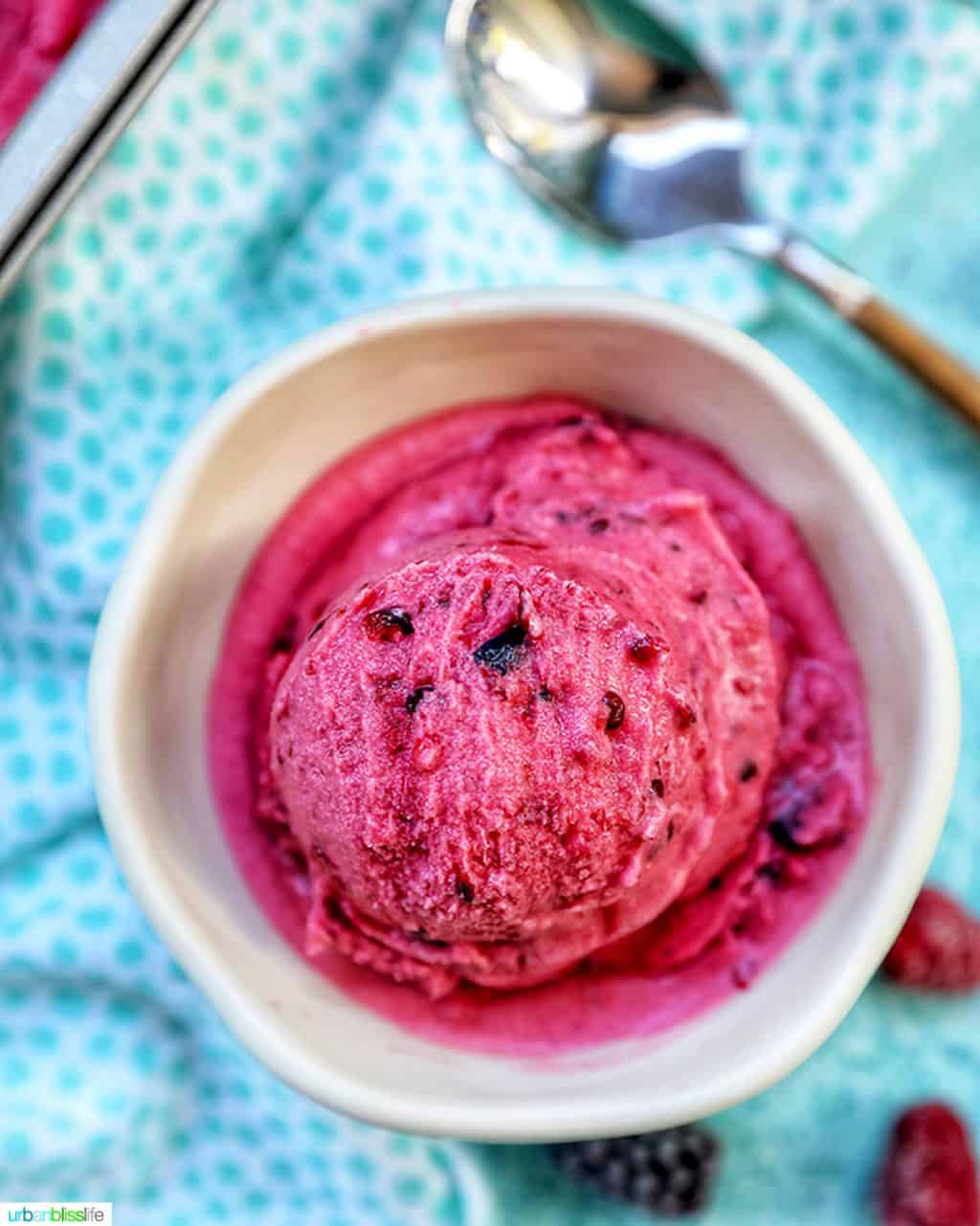 scoop of Dairy-Free Mixed Berry Ice Cream in a bowl with spoon and fruit